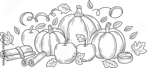 Black and white line drawing of pumpkins apples cinnamon sticks and autumn leaves fall harvest
