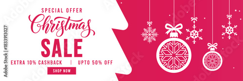 Festive Christmas sale banner with pink and white background, hanging snowflake ornaments, bold holiday typography and discount offer, perfect for seasonal retail promotions, web ads, social media mar