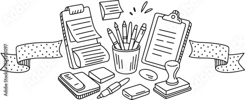 Black and white doodle illustration of office supplies and stationery items pens