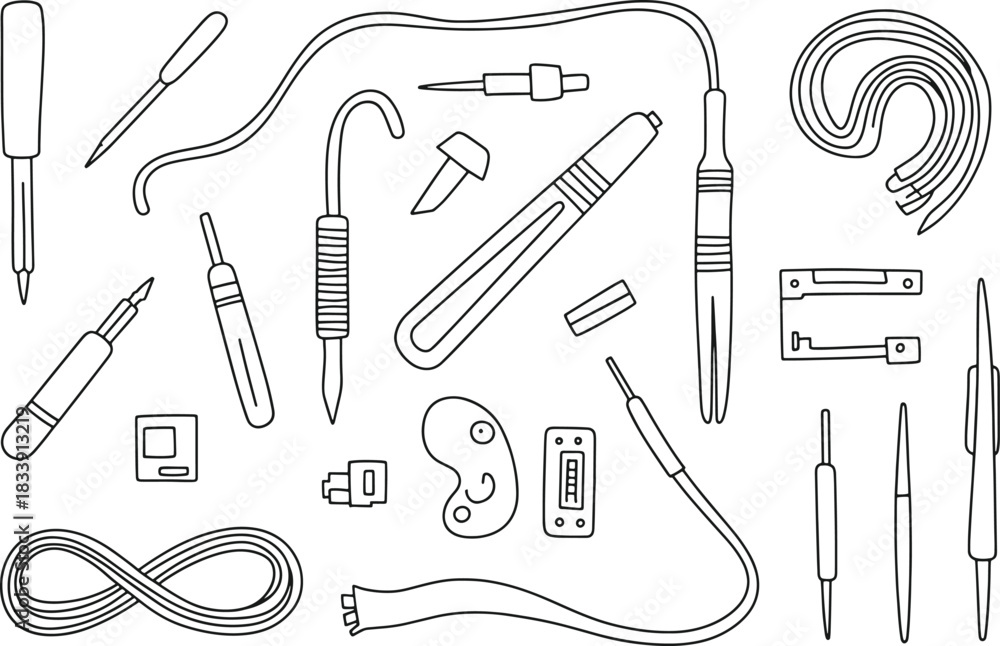 Obraz premium Hand drawn outline illustration of electronic components and tools soldering iron wires