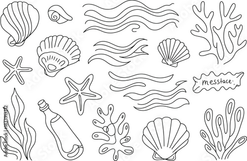 Black and white line art collection of seashells starfish coral seaweed and waves vector