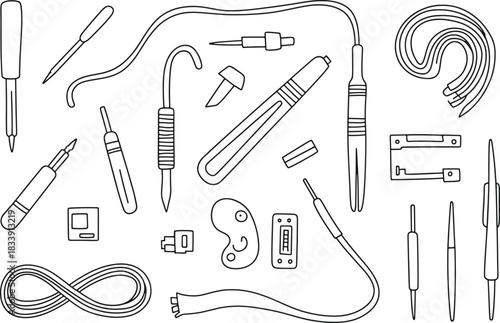 Hand drawn outline illustration of electronic components and tools soldering iron wires