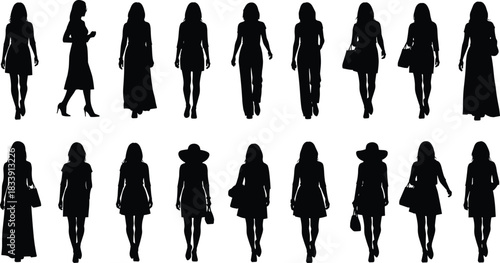 Women walking silhouettes, female fashion figures, modern style poses, handbag accessories, casual and elegant outfit collection, black vector illustration design set