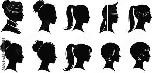 Women hairstyle silhouette collection, female head profile vector, stylish haircut design, ponytail bun short hair icon, beauty fashion illustration