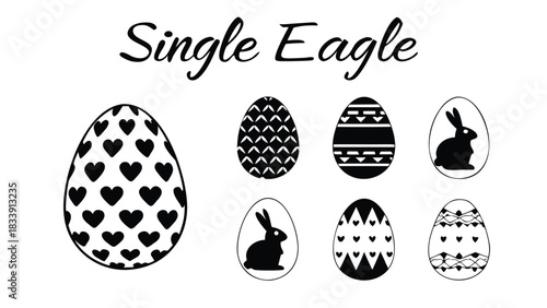 A collection of black and white easter eggs with various decorative patterns including hearts zigzags stripes and silhouettes of rabbits perfect for holiday design