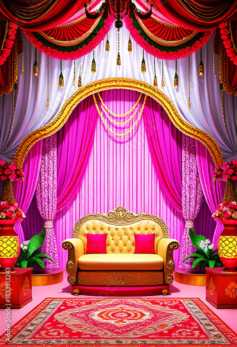Opulent Indian Wedding Mandap: Luxurious Gold Throne with Vibrant Pink Drapes, Floral Arch, Green Tassels and Red Carpet for Royal Hindu Ceremony