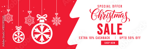 Festive red and white Christmas sale banner with hanging snowflake ornaments and gift boxes, modern holiday typography, special discount and cashback offer design, ideal for seasonal retail, web ads, 