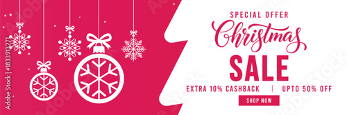 Festive Christmas sale banner with pink and white background, hanging snowflake ornaments, bold holiday typography and discount offer, perfect for seasonal retail promotions, web ads, social media mar