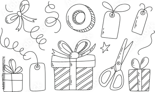 Hand drawn black and white illustration of gift wrapping elements present gift box