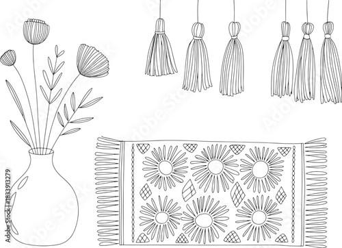 Black and white line drawing of flowers in a vase tassels and a patterned rug line art illustration