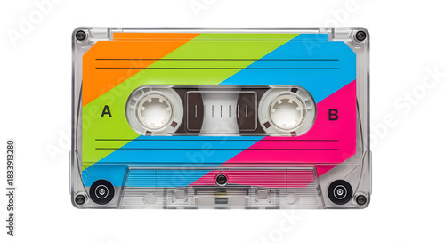 Clear vintage cassette tape features a retro style with bold colors, ideal for music themed product photography, poster design, or a social media post.