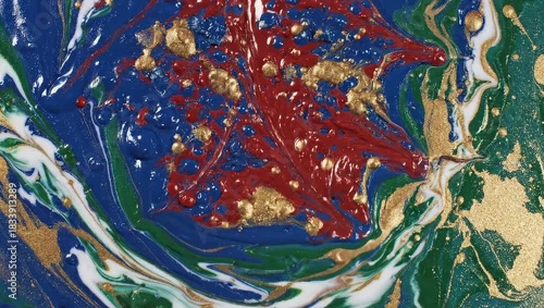 Abstract Swirling Paint Texture Blue White Green Gold Red Metallic Glossy Macro Detail