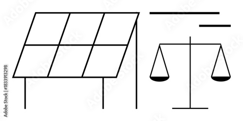 Renewable energy, sustainability, environmental responsibility, green energy, ethics, balance. Image shows a solar panel and a justice scale. Renewable energy and ethics concept