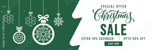 Green and white Christmas sale banner with hanging snowflake ornaments and baubles, elegant holiday typography, special cashback and discount promotion, perfect for seasonal retail campaigns and web a