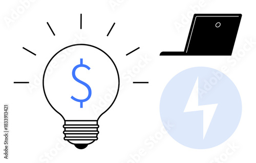 Financial technology, innovation, energy efficiency, online business, renewable energy, digital economy. Light bulb with dollar symbol, laptop and energy icon. Financial technology and innovation