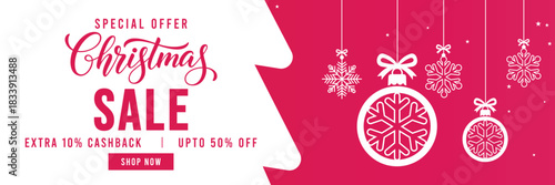 Festive Christmas sale banner with pink and white background, hanging snowflake ornaments, bold holiday typography and discount offer, perfect for seasonal retail promotions, web ads, social media mar