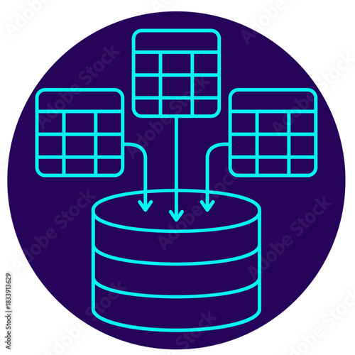 Data Input-Data Collection icon. Vector thin line illustration on a round dark blue background. Process of collecting and feeding structured data from multiple sources into a central database storage