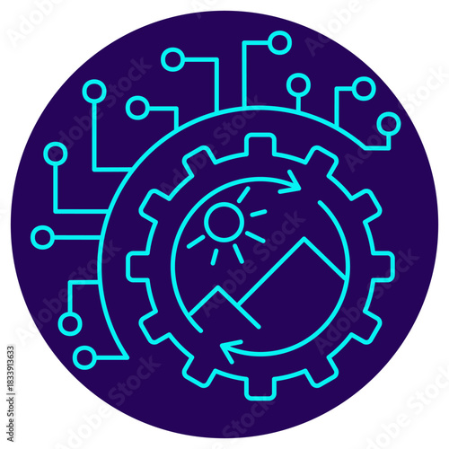 AI Environmental Monitoring icon. Vector thin line illustration on a round dark blue background. Symbolizes intelligent control (circuits) and optimization (gear) of natural cycles for ecology