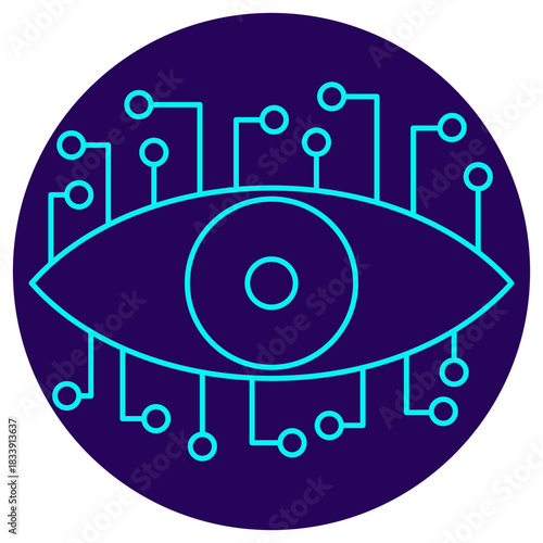 Computer Vision icon. Vector thin line illustration on a round dark blue background. Symbolizes intelligent processing (circuits) of visual data (eye), used for image recognition, object detection