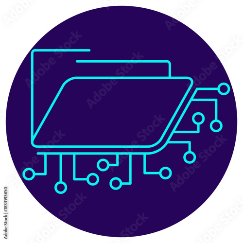 AI Document Management icon. Vector thin line illustration on a round dark blue background. Symbolizes the intelligent organization and processing (circuits) of digital files and archives (folder)