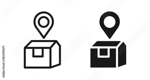 Package location icon set in outline and silhouette style, representing delivery tracking, logistics, parcel services, and shipment navigation, vector illustration.