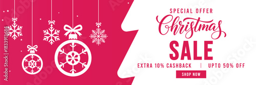 Festive Christmas sale banner with pink and white background, hanging snowflake ornaments, bold holiday typography and discount offer, perfect for seasonal retail promotions, web ads, social media mar