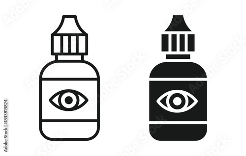 Eye drops bottle icon set in outline and silhouette style, representing ophthalmic care, eye treatment, and medical medication, vector illustration.