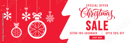 Festive red and white Christmas sale banner with hanging snowflake ornaments and gift boxes, modern holiday typography, special discount and cashback offer design, ideal for seasonal retail, web ads, 