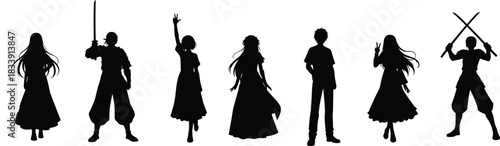 Anime character silhouettes set, fantasy heroes shadows, swordsman poses, manga figures, female dresses outline, crossed swords action, game concept art, vector icons isolated on white background