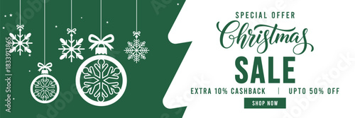 Green and white Christmas sale banner with hanging snowflake ornaments and baubles, elegant holiday typography, special cashback and discount promotion, perfect for seasonal retail campaigns and web a