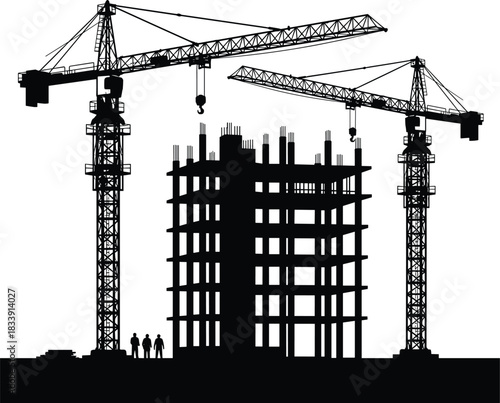 Construction crane silhouettes, building under construction vector, industrial site illustration, tower cranes, structural frame, workers icons, urban development, engineering drawing isolated