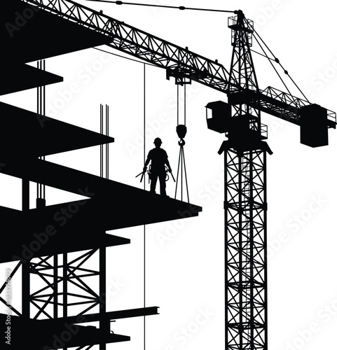 Construction crane worker silhouette, tower crane, hook lifting, builder on high rise structure, safety gear, industrial building site, skyline infrastructure shadow work