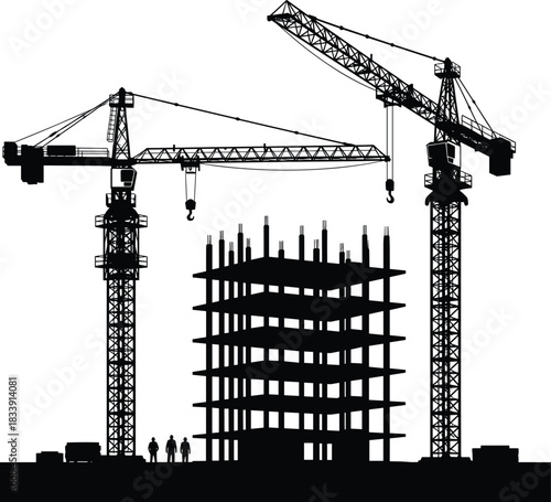 Construction crane silhouettes, twin tower cranes, high-rise building frame under construction, workers shadow, industrial site vector, engineering 
