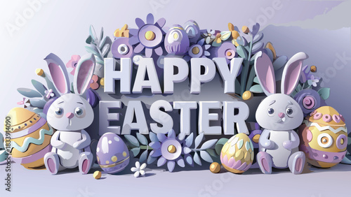 Cute cartoon bunnies and colorful easter eggs surround the words happy easter in a festive floral arrangement with soft pastel colors and a gentle gradient background