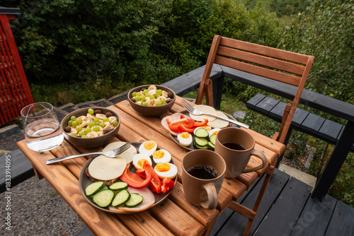 delicious breakfast outdoors in the mountains