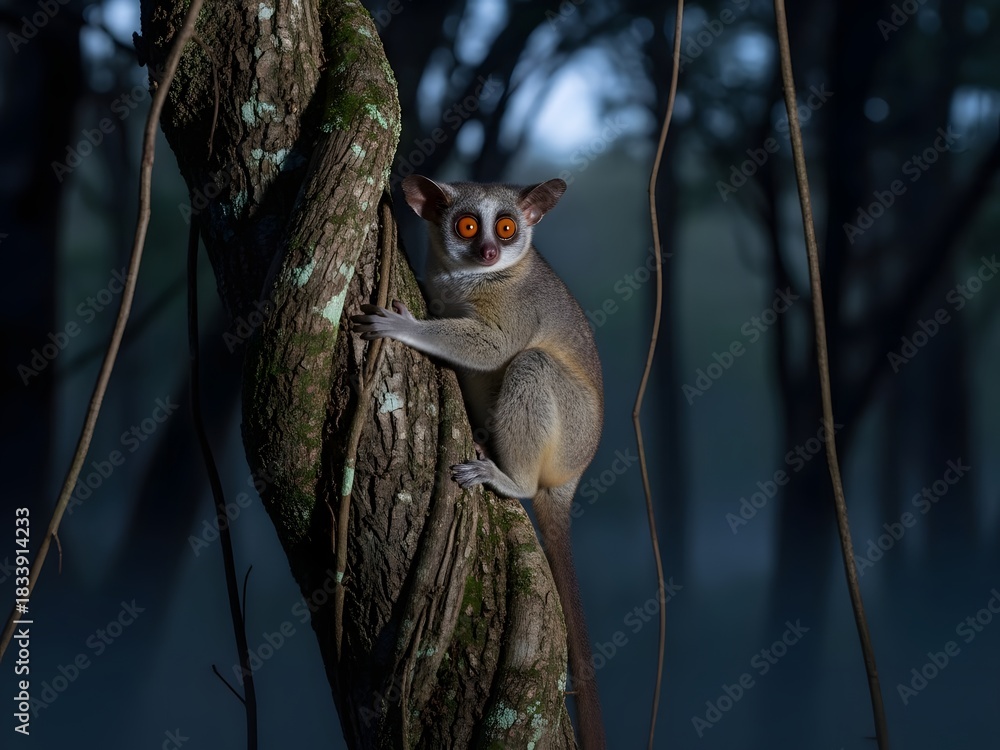 Fototapeta premium Nocturnal lemur clinging to tree trunk in forest habitat portrait