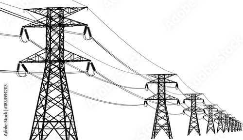 High voltage transmission tower silhouette, power line vector, electricity grid infrastructure, energy network skyline, industrial utility poles, black vector illustration set for commercial use