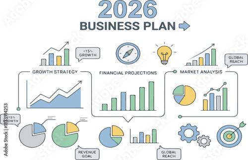 Minimal outline style 2026 business plan vector featuring growth strategy, financial projections, and market analysis with charts and diagrams.