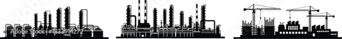 Industrial factory skyline silhouettes vector set, oil refinery plants, power stations, construction cranes, manufacturing buildings, energy infrastructure, urban industrial panorama isolated on white
