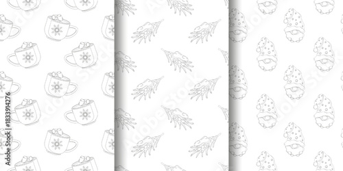Three vertical monochrome holiday patterns mugs with marshmallows, pine branches with birds, and gnomes with star hats. Hand-drawn seamless design for festive decor and wrapping paper