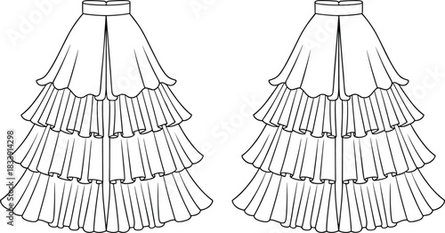 Layered ruffle skirt technical fashion sketch, tiered pleated hem design, high waist silhouette, women apparel drawing template, flowing fabric illustration, 