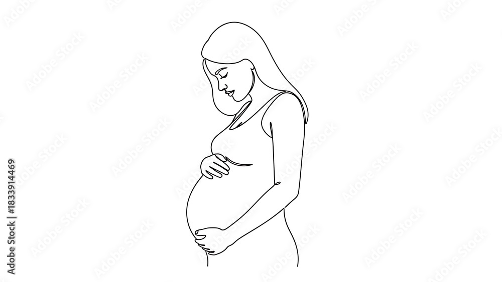 Fototapeta premium Single line drawing of pregnant woman holding her belly in a white background minimalist art style