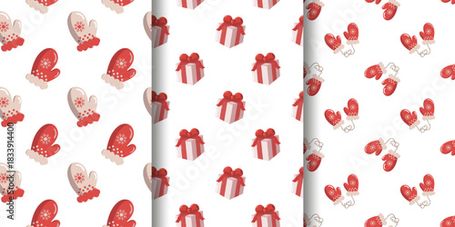 Three festive wrapping paper patterns red and beige mittens, pink gift boxes with bows, and red mittens with strings. Diagonal seamless layout on white background for holiday packaging