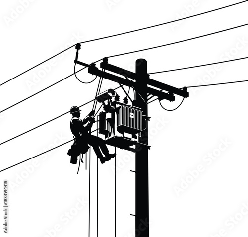 Power line workers silhouette, electrician, utility maintenance, lineman on pole, high voltage, cable repair, safety harness, industrial infrastructure, outdoor technical work