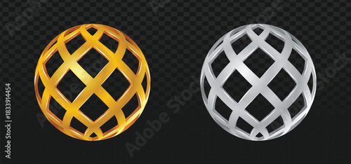 Realistic set of two 3D metallic spheres with gold and silver lattice grid patterns. Ideal for luxury branding, corporate logos, abstract technology, and investment concepts.