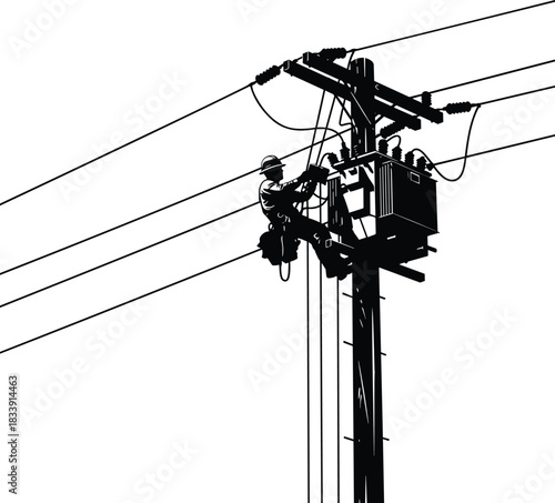 Power lineman worker silhouette, electricity pole, high voltage lines, cable maintenance, safety harness gear, industrial utility infrastructure, outdoor repair shadow scene