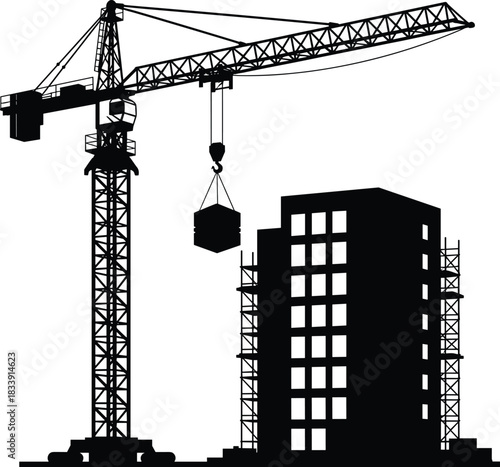Tower crane silhouette, high-rise building under construction, material hoisting, industrial engineering design, urban development concept, structural 