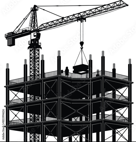Tower crane construction silhouette, high-rise building framework, industrial lifting, construction site infrastructure design, engineering development i