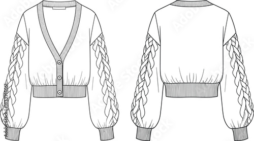 Women cardigan sweater fashion sketch, braided knit sleeve design, front and back view outline, casual apparel illustration, buttoned knitted top, commercial clothing technical drawing vector