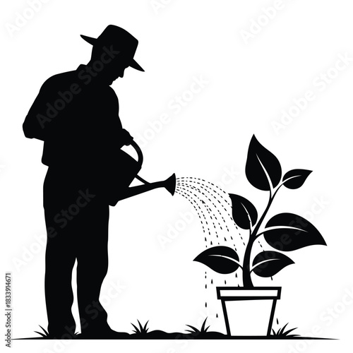 Silhouette of gardener watering a potted plant with a watering can